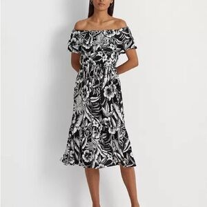 Women's Black and White Floral Jersey Off-the-Shoulder Dress Size 2 NWT